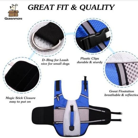 Dog Life Jacket XS Blue Swimming Vest Reflective,Handle, Leash Ring, Extra Small - Picture 4 of 6